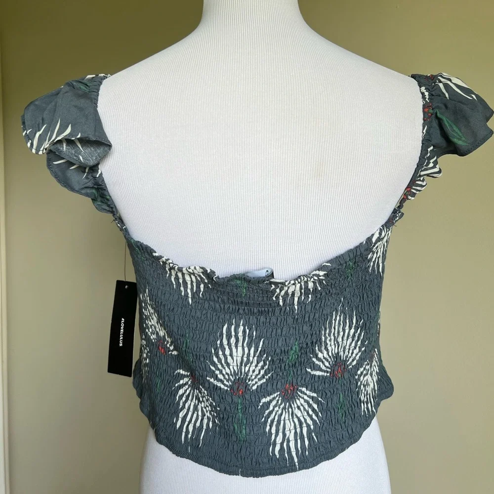 Lulu’s Blue Floral Smocked Crop Top w/ Ruffles - Picture 2 of 5